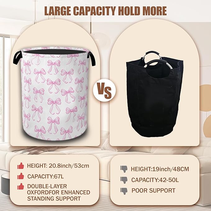 Pink Bow Laundry Hamper,Laundry Baskets,Waterproof Oxford Cloth Toy Storage for Bedroom,Bathroom,Nursery,16x20.8 Inch