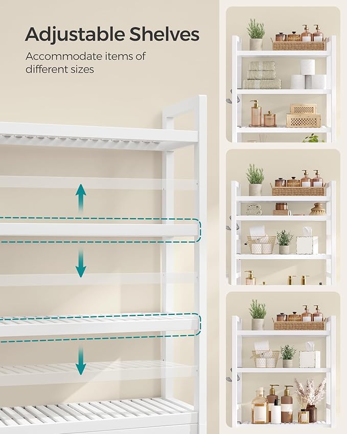 SONGMICS Over The Toilet Storage, 4-Tier Over Toilet Bathroom Organizer with Adjustable Shelves, 10.2 x 24.8 x 72.8 Inches, Space-Saving, Cloud White UBTS041W01