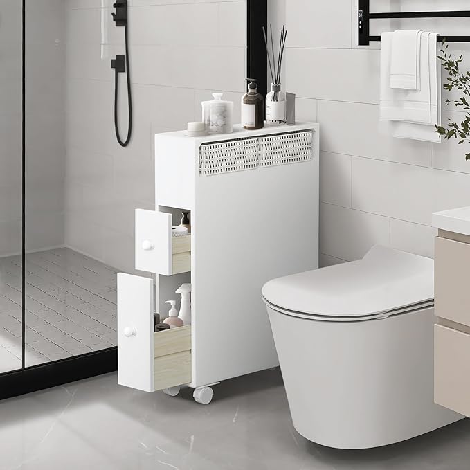 MASAKA B&W Movable Bathroom Storage Cabinet with 2 Drawers and Shelf, Toilet Paper Storage, Corner Shelves, Bathroom Furniture Sets, Side Organizer Toilet