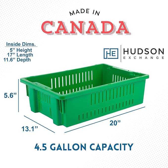 Hudson Exchange 20 x 13 x 5.6" (4 Pack, 4.5 Gallon) Agricultural Nest and Stack Vented Crate Handled Storage Container Tote, Green