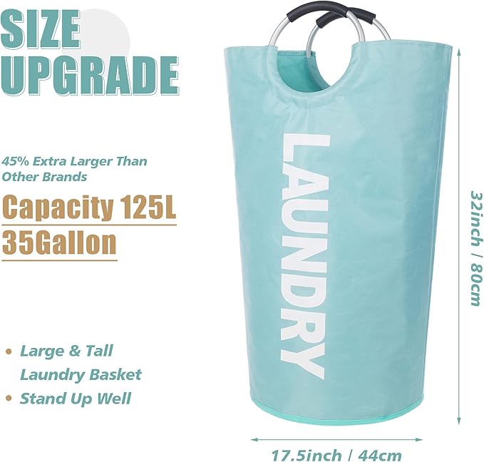 Twira 125L Pro XX-Large Laundry Baskets, Laundry Hamper Stands Up Well, Laundry Bag with Padded Handles, Waterproof Laundry Basket Collapsible, Clothes Hamper for College, Bathroom (Light Blue)