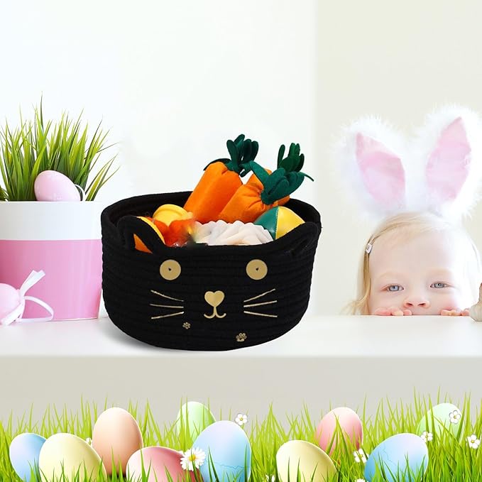 Zopeal Cat Basket Storage Woven Organizer with Ears Christmas Decorative Pet Toy Cute Cotton Rope Basket for Gift Cat Dog Toy Bin Nursery Room(8.3 x 4.7 Inch,Black)