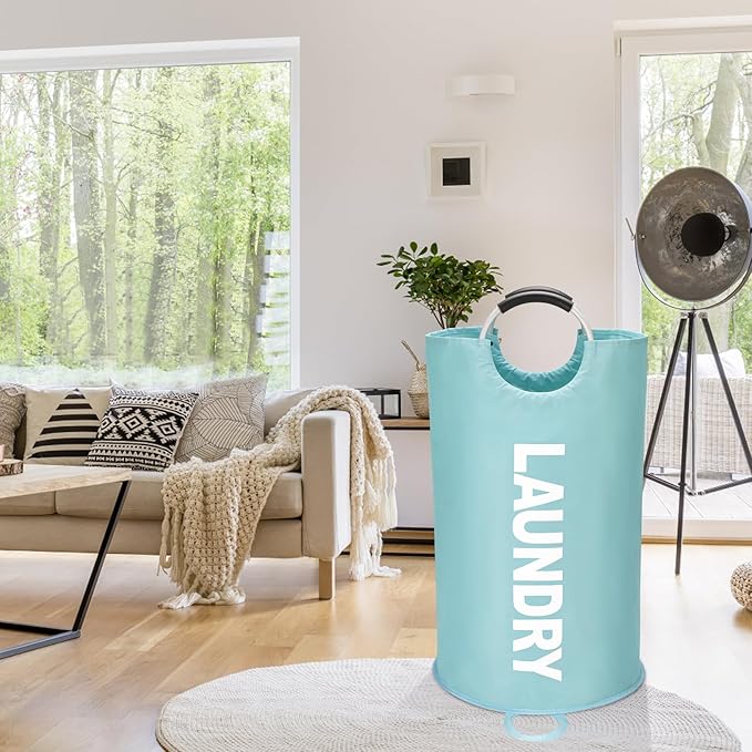 90L Large Laundry Basket, Freestanding Tall Clothes Hamper, Collapsible Laundry Bag, Light Blue