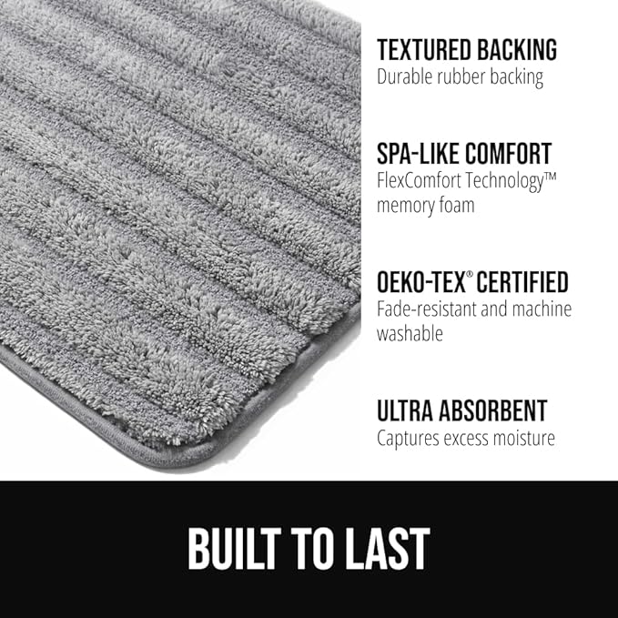 GORILLA GRIP Textured Backing Bathroom Rugs, Soft Memory Foam Absorbent Striped Bath Mats, Machine Washable & Fade Resistant, Bathmat Accessories for Floor, Home Decor Shower Essentials, Grey 40x24