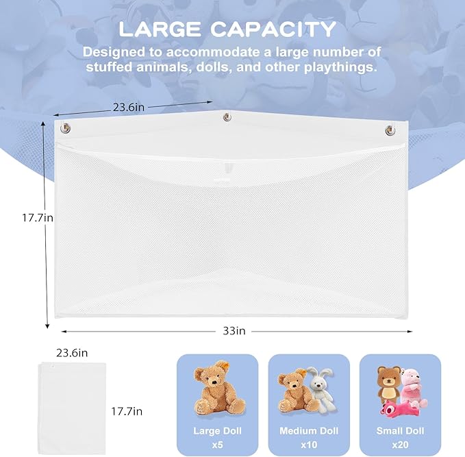 ANROYE Large Corner Stuffed Animal Storage, Kids Plushies Toy White Wall Hammock for Girls Room, Baby Squishmallow Holder for Nursery, Organizer Idea for Bear Hanging Display Boy Gift