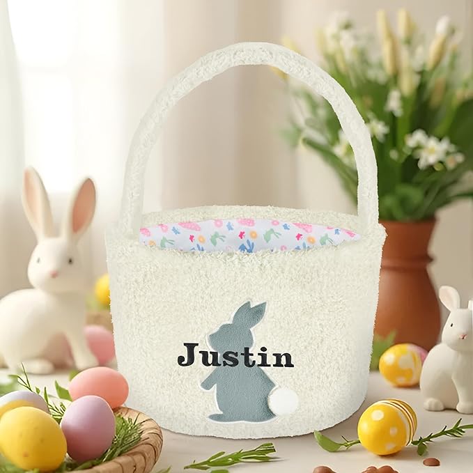 Easter Basket for Kids, VAPCUFF Easter Bunny Basket, Personalized Easter Baskets, Easter Basket with Name - - White Basket Grey Bunny