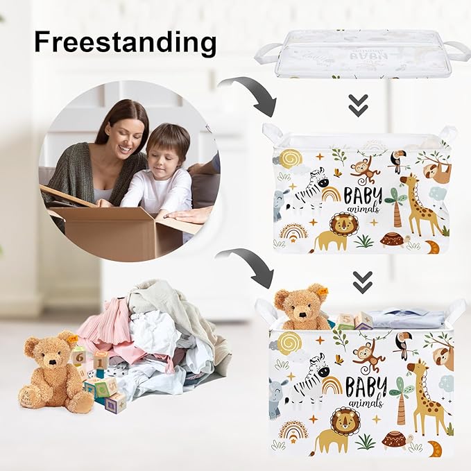 Clastyle Cute Forest Animal Laundry Basket Elephant Lion Kids Clothes Book Storage Basket Gift Toy Box for Bedroom Decor,Brown,40x30x30 cm