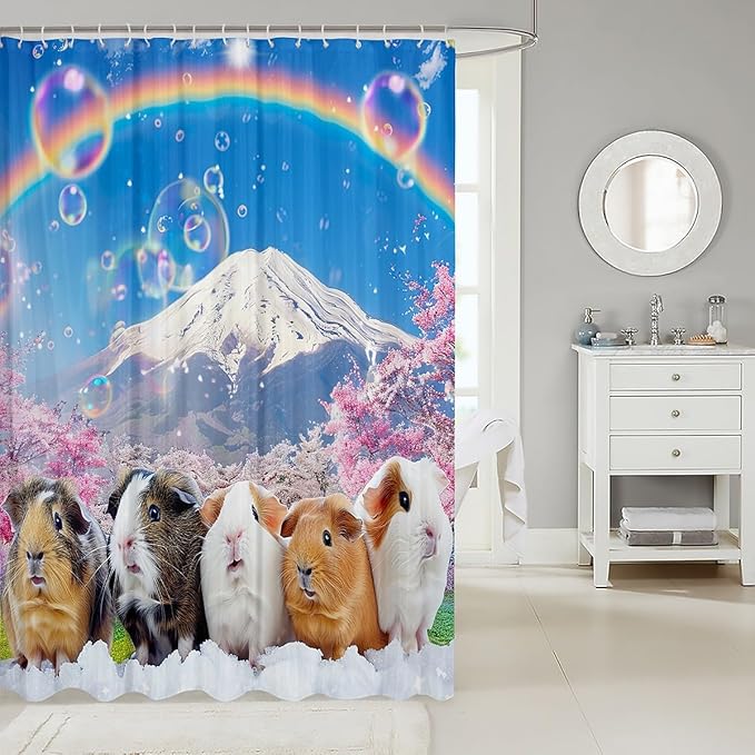 Guinea Pig Shower Curtain for Girls Boys Kids Cute Cavy Lovely Pet Bath Curtain Rainbow Mountain Landscape Bathroom Shower Curtain Set Room Decor Cherry Tree Waterproof Polyester Curtains 72x78 Inch