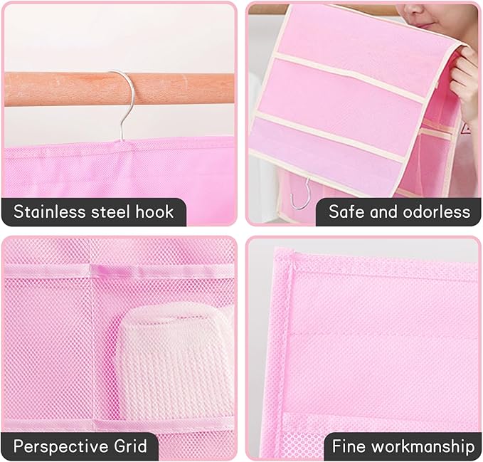 Closet Hanging Organizer with Mesh Pockets & Rotating Metal Hanger,Dual Sided Hanging Closet Mesh Pockets Organizer for Underwear, Stocking, Bra and Sock(Pink：12+18 Pockets)