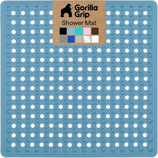GORILLA GRIP Patented Square Shower Stall Mat, Small Bathtub Floor Mats for Stand Up Showers, Suction Cups and Drain Holes, Machine Wash, Soft on Feet, Bathroom Accessories 21x21 Inch, Sky Blue Opaque