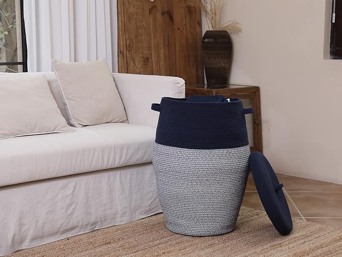 26"x20" Handcrafted Tall Cotton Rope Basket with Lid, Stylish Flagon Shape with Cover, Clothes Hamper with Top, for Bedroom and Living Room, Dark Blue Mix