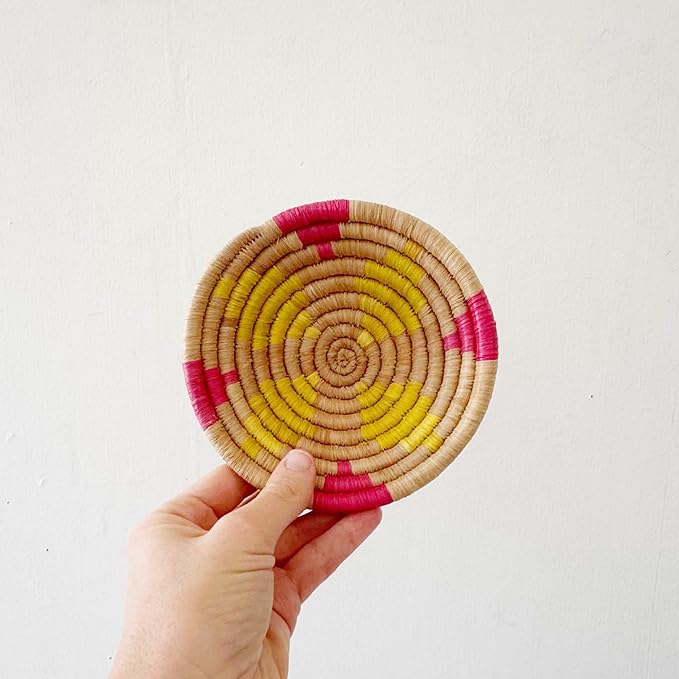 Mini African Basket- Abaye/Rwanda Basket/Raffia & Sweetgrass Woven Basket/Pink, Yellow