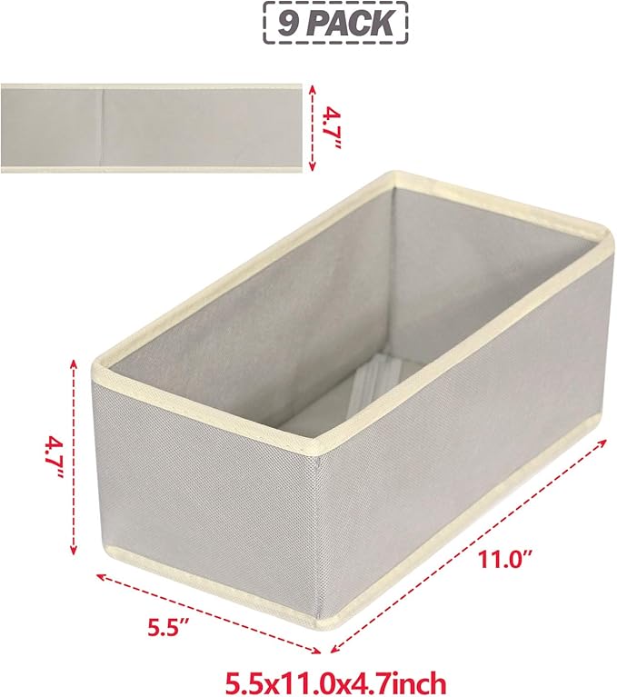 DIOMMELL Foldable Cloth Storage Box Closet Dresser Drawer Organizer Fabric Baskets Bins Containers Divider for Clothes Underwear Bras Socks Lingerie Clothing,Set of 9 Grey 090