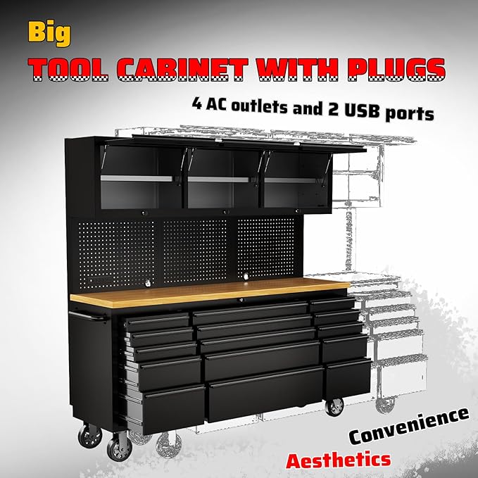 SINDA 72-inch Rolling Tool Cabinet Mobile Workbench Tool Chest with 15 Storage Drawers, Wheels, 3 Uper Cabinet, Outlet, SS Pegboard Black