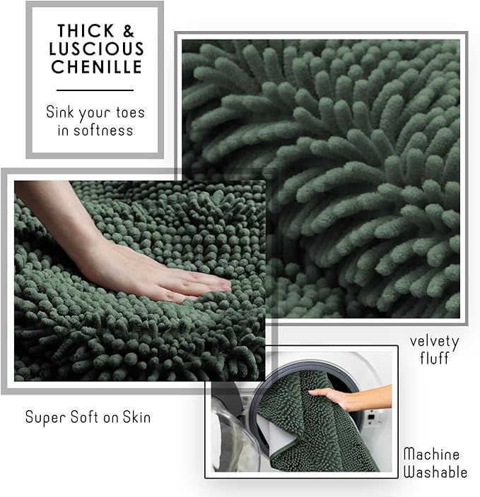 Hearth & Harbor Bathroom Rugs, Chenille Bath Mat - Machine Washable Bath Mats for Bathroom Non-Slip Backing Rubber, Quick Dry Mat - Hunter Green Bath Rug, 17x24-20x32-20x24
