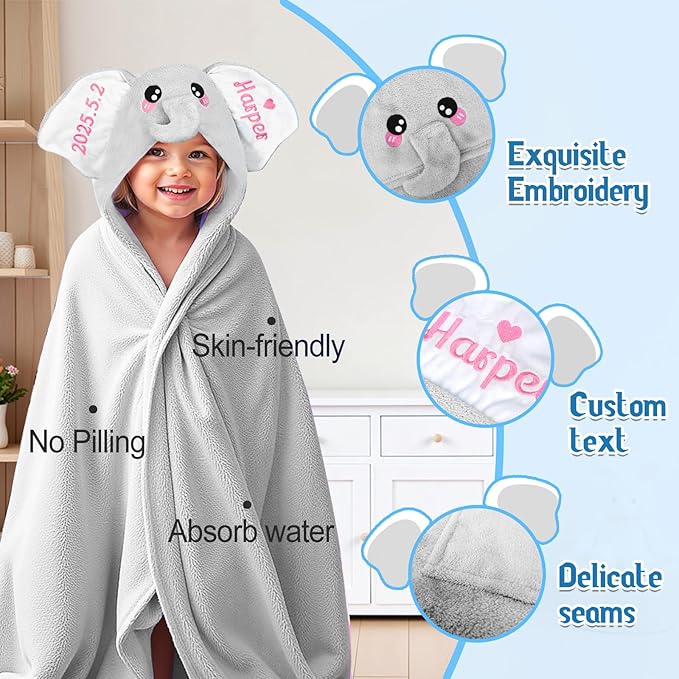 Baosity Custom Hooded Baby Towel with Name, Personalized Soft Absorbent Elephant Bath Towel, Shower Towels for Girls Boys, Easter Brithday for Kids Baby, Toddler, Newborn Essential