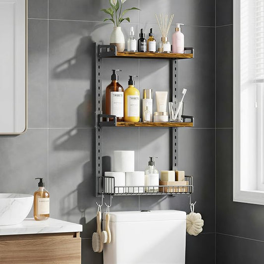 3 Tier Bathroom Shelves Over Toilet - Wall Mounted Floating Shelves with Drain Basket, Toilet Paper Storage, Height Adjustable Over The Toilet Storage, Vintage Brown