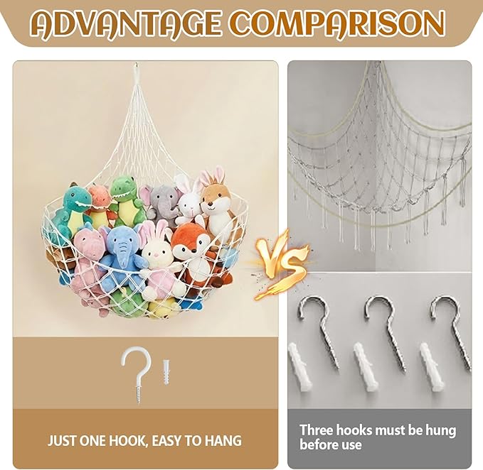 Tioncy 2 Sets Stuffed Animal Storage Organizers Stuffed Animal Hammock Corner Ceiling Hanging Net Macrame Display Holder Wall Mounted for Bedroom(Cream)