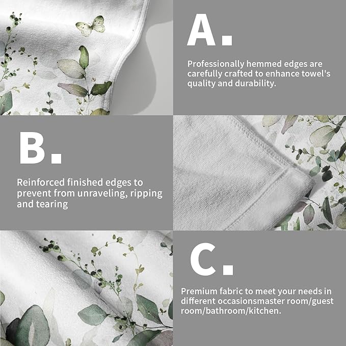 Green Eucalyptus Leaves Hand Towels Spring Sage Green Botanical Fingertip Towel Set of 2 Watercolor Plant Butterfly Dragonfly Kitchen Dish Towels Decorative Bathroom Towels for Bath Guest Gym Spa