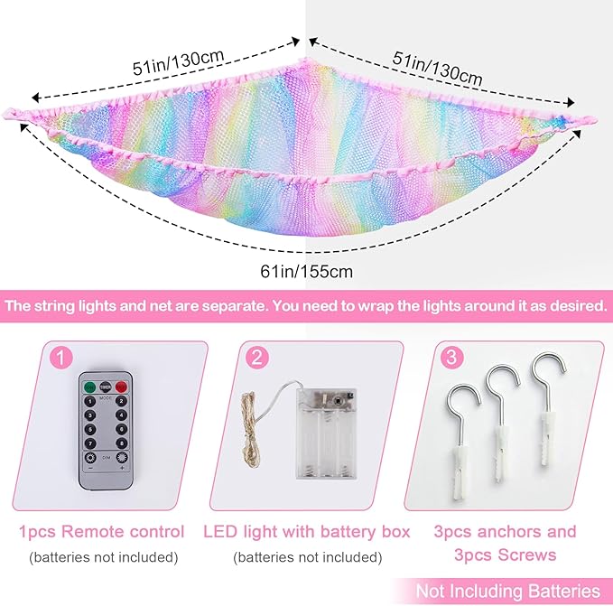 Basumee Stuffed Animals Net or Hammock with LED Light Hanging Toy Net Hammock for Stuffed Animals Storage Stuff Animals Hammocks for Nursery Room with Remote Control, 8 Kinds of Lights(Pack of 2)