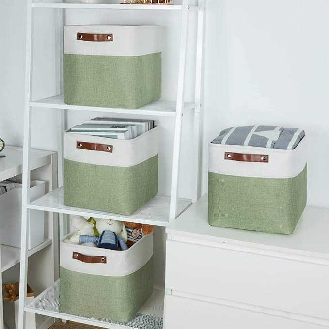 Temary Storage Baskets for Shelves 11 Inch Fabric Cube Storage Bins 4Pack Storage Cubes Fabric Storage Baskets for Organizing, Clothes, Decorative Cube Baskets with Handles (White&Green)