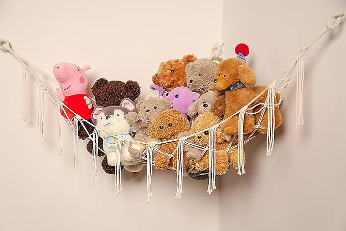 Stuffed Animals Hammock Corner Hanging Net Macrame Stuffed Animal Storage Plush Toy Holder Toy Organizer for Boho Nursery Playroom Bedroom Kids Room (cream, Large)