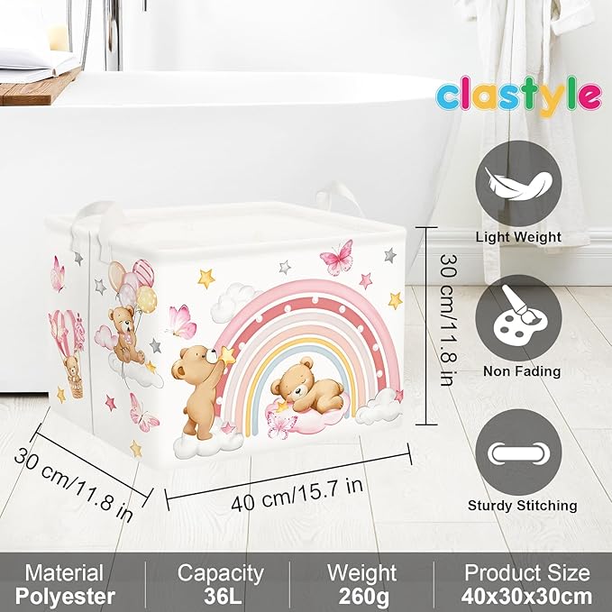 Clastyle Rainbow Baby Laundry Hamper Cloud Kid Storage Basket Women Girl Gift Toy Box Collapsible Clothes Organizer Nursery Bin for Bedroom,Bear,40 * 30 * 30 cm