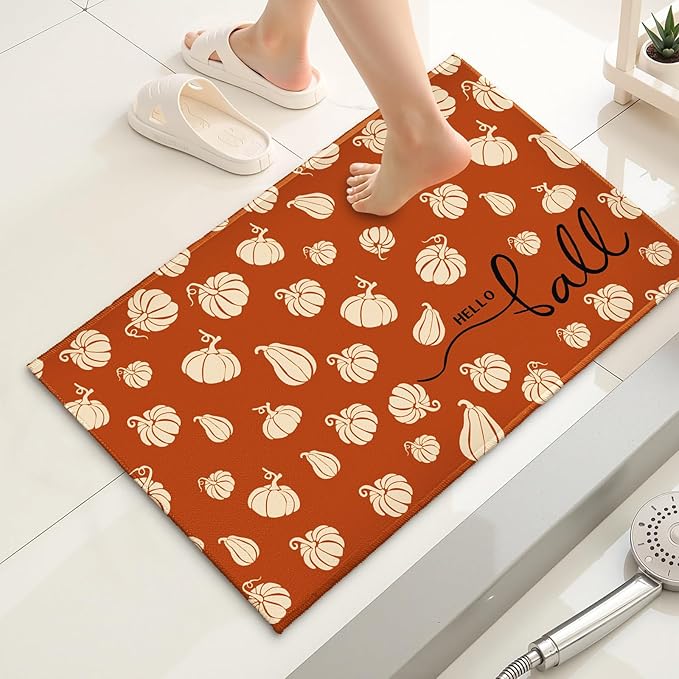 Hello Fall Bathroom Rug for Bathtub Shower Room Orange Autumn Pumpkins Bathroom Mats Thanksgiving Decorative Non-Slip Absorbent Bath Rugs 32"x20" for Dooway Kitchen Sink Bedside
