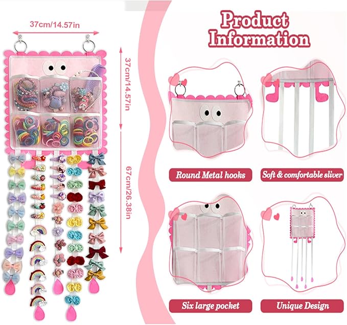 Hanging Hair Clip Organizer with Multiple Storage Pockets, Hair Bow Holder for Girls, Barrettes and Scrunchies Storage Solution, Hair Accessories Organizer (Pink)