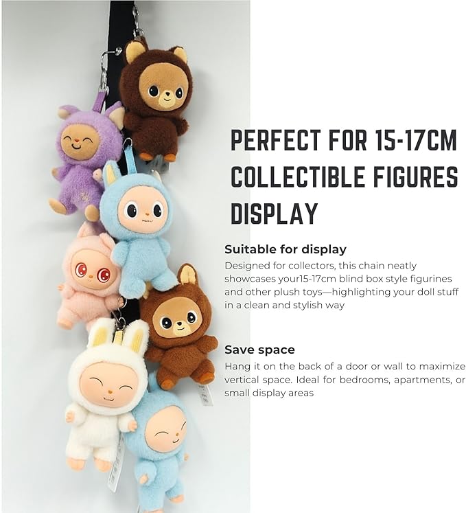 Plush Toy Display Strap for 15-17cm Blind Box Style Dolls, Stuffed Animal Hanging Chain with 8 Clips, Wall & Over Door Organizer (No Dolls Included) (1-Pack Black)
