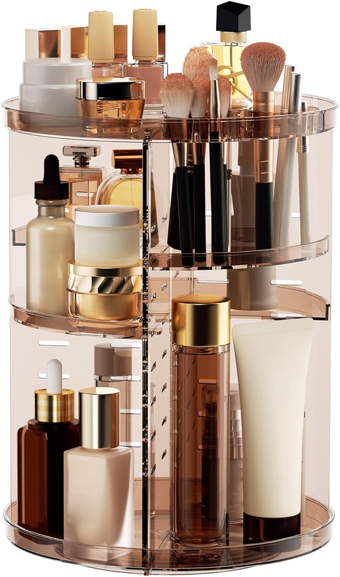 Rotating Makeup Organizer Countertop, DIY Adjustable Trays Spinning Skincare Organizers, Cosmetic Display Shelf with Perfume & Brush Holder, Multi-Function Desk Storage Carousel for Vanity Bathroom