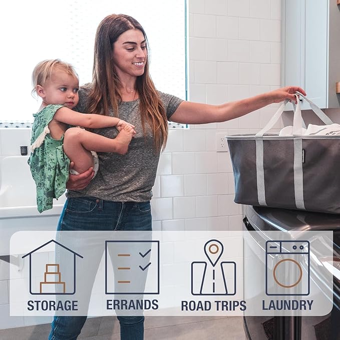 CleverMade Collapsible Laundry Tote 2-Pack (50L) – Foldable Carry-All Storage Bin for Laundry, Car Trunk, RV, Dorm & Home Organization – LUXE Cotton Blend with Vegan Leather Accents, Navy