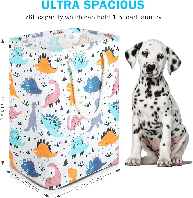 Dinosaurs Laundry Hamper, 78L Large Collapsible Tall Laundry Basket Waterproof Dirty Clothes Bag with Cotton Ropes Handles Washing Storage Bin for Clothes, Toys, Nursery, Bedroom, Bathroom, College