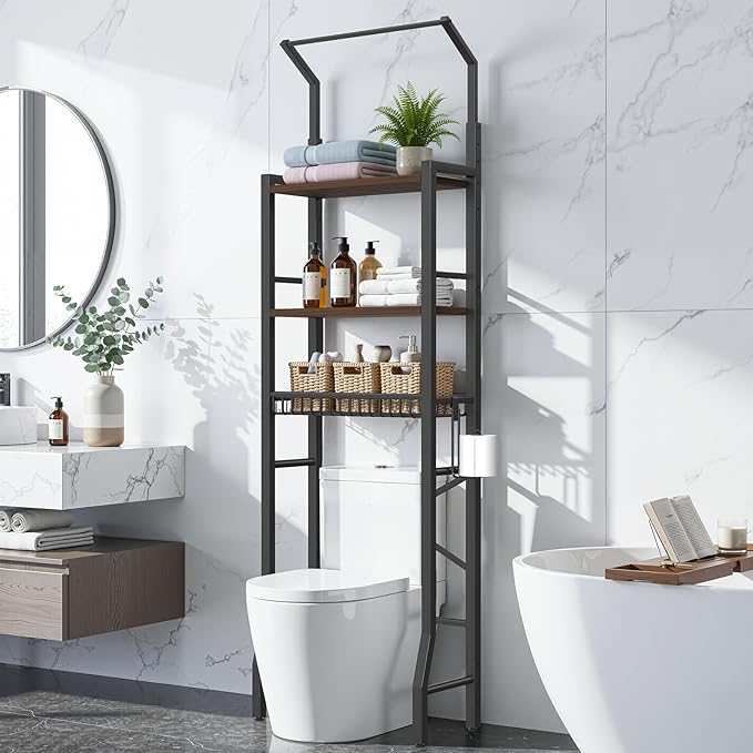 Over-The-Toilet Storage Rack, 3-Tier Bathroom Organizer Shelf Over Toilet with Adjustable Shelf and Basket, Freestanding Space Saver Bathroom Shelves Above Toilet for Room (Vintage Brown)