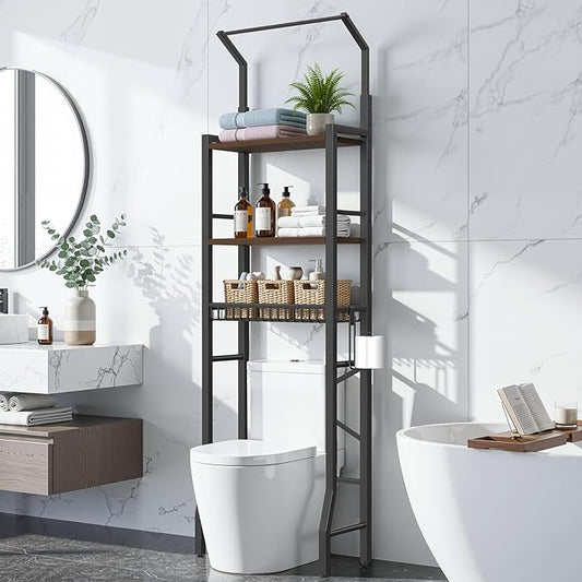 Over-The-Toilet Storage Rack, 3-Tier Bathroom Organizer Shelf Over Toilet with Adjustable Shelf and Basket, Freestanding Space Saver Bathroom Shelves Above Toilet for Room (Vintage Brown)