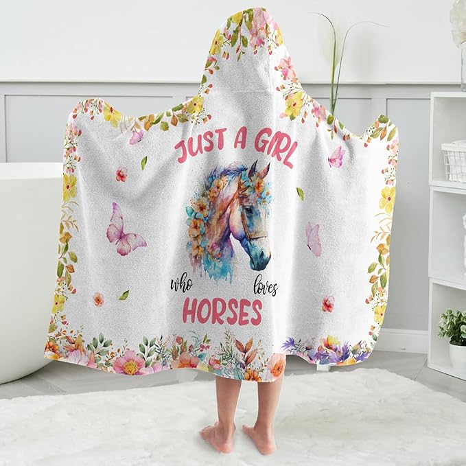 Horse Hooded Bath Towels for Girls,Soft Cotton Swimming Shower Beach Blanket (Horse)