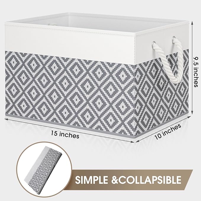 Storage Bins, 2-Pack Large Storage Box with Rope Handles, Collapsible Storage Basket for Organizing Books, Clothes, Rhombic Grey