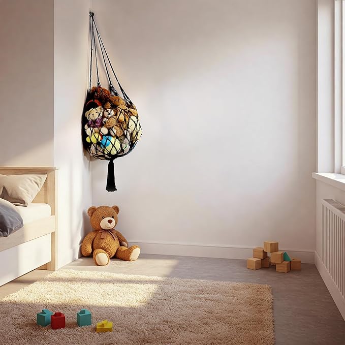 Stuffed Animal Storage Hammock Corner Hanging Net Stuffy Animal Hammock Macrame Toy Display Plush Toy Holder for Kid Bedroom Decor Boho Nursery Playroom Organizer (Black)