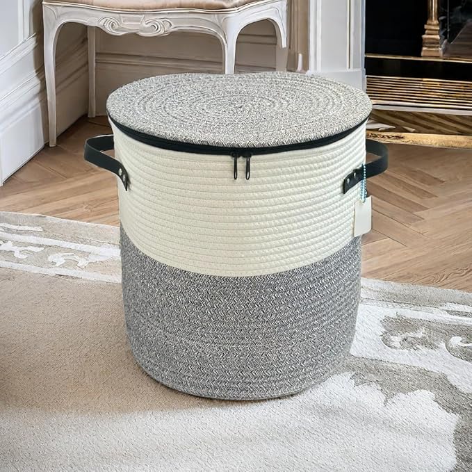 Cotton rope Storage Basket with Zipper cover & Woven baskets with Lid easy to move Multi-Purpose Storage Basket for Living Room, 13 x14 inches(Grey+White)