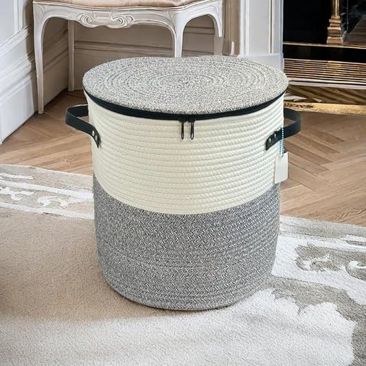 Cotton rope Storage Basket with Zipper cover & Woven baskets with Lid easy to move Multi-Purpose Storage Basket for Living Room, 13 x14 inches(Grey+White)