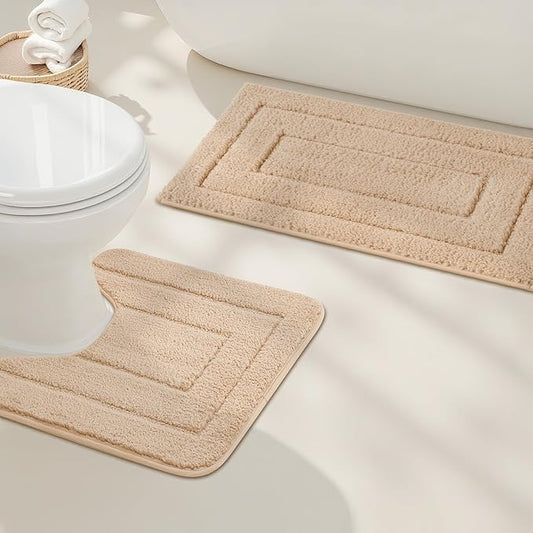 GRANNY SAYS Bathroom Rugs Sets 2 Piece, Soft Absorbent Microfiber Bath Mats for Bathroom Non Slip Washable, U-Shaped Toilet Bath Rugs for Tub Shower (Beige, 20" x 32" + U Shaped 20" x 24")
