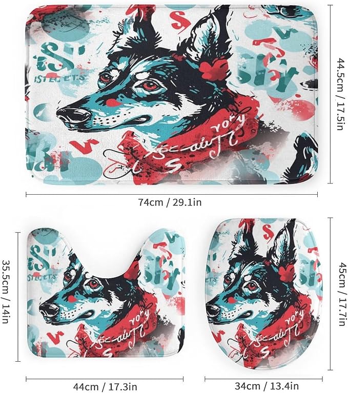 4 Piece Bathroom Rug Set with Shower Curtain Dog Pet Graphic Bathroom Shower Curtain Set with Rugs Dog Lovers Gift Bathroom Shower Curtains Sets for Bathtub Decor 72inch X 72inch