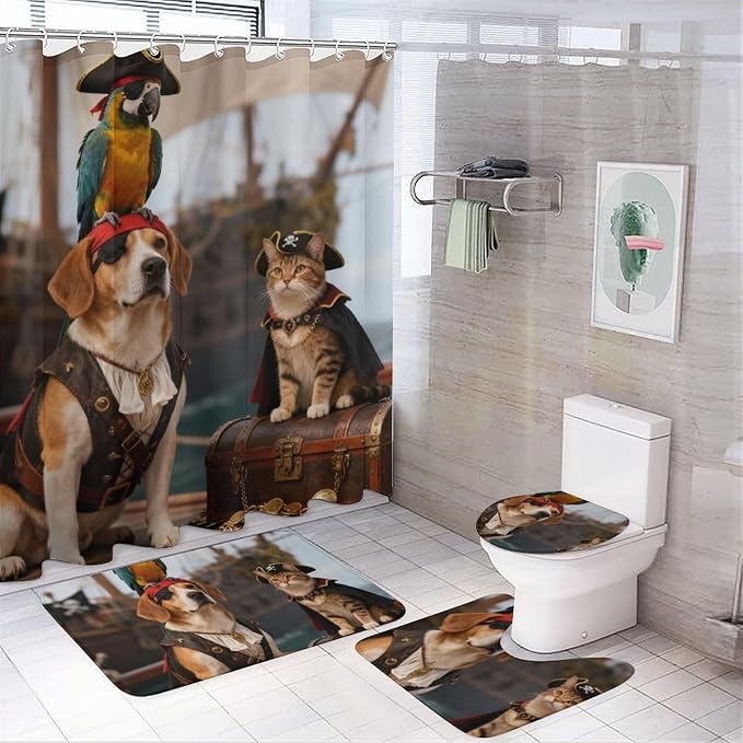 4 Piece Bathroom Rug Set with Shower Curtain, Non-Slip Bath Mat Toilet Cover Set, Dog and Cat Adventure Bathroom Rug Sets