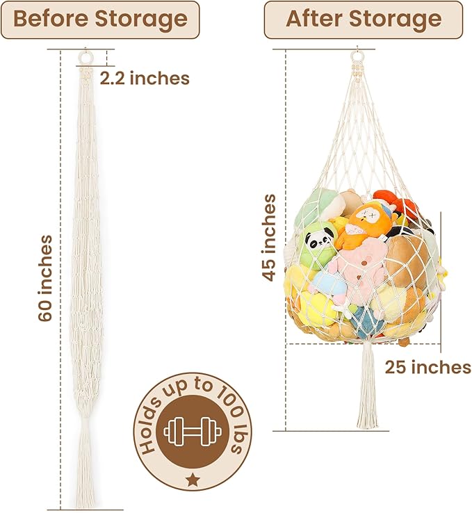 Stuffed Animal Storage Hammock Plushie Net Large Stuffed Animal Net Corner for Kids' Wall Room Decor Hanging Toy Storage Plushie Net Organizer Holder Kids Baby Nursery Wall Bedroom Home Decor (1 Tier)