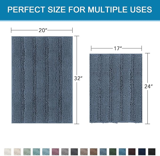 H.VERSAILTEX Bathroom Rug Sets 2 Piece Bath Mats Non Slip Thick Soft Chenille Striped Bath Rug achine Washable Shower Floor Rugs for Tub, Shower and Floor (Blue Indigo, 20" x 32"/17" x 24")