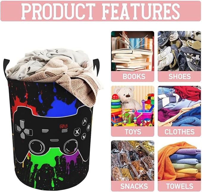 Gaming Theme Round Laundry Hamper Game Joystick Storage Basket Toys Clothes Organizer Bin For Home Bathroom Bedroom Dorm Nursery, 62l