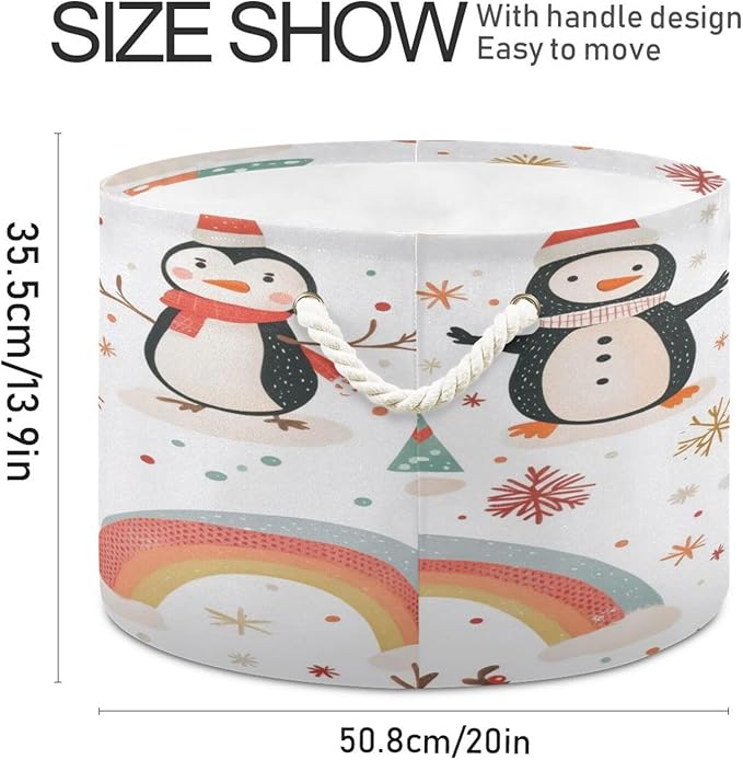 Blanket Storage Basket for Living Room - Cute Santa Penguin Large 20"x20"x14" Cotton Rope Handles Laundry Basket, Foldable for Toy Storage, Blanket Basket