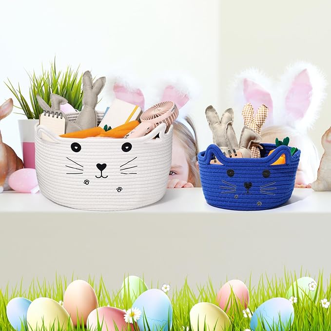 Zopeal Cat Basket Storage Woven Organizer with Ears Christmas Decorative Pet Toy Cute Cotton Rope Basket for Gift Cat Dog Toy Bin Nursery Room(8.3 x 4.7 Inch,Royal Blue)