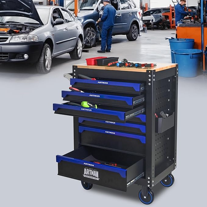 30 Inch Rolling Tool Chest with 7 Drawers, Steel Tool Cabinet with Wood Countertop, Lockable 360° Swivel Casters, Stand Up Toolbox, Portable Garage Tool Box for Home, Workshop (Black+Blue)