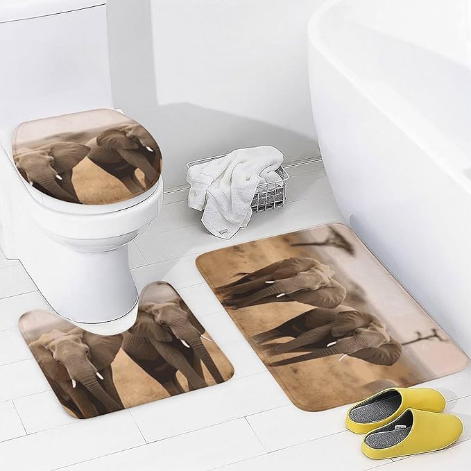 4 Piece Bathroom Rug Set with Shower Curtain, Non-Slip Bath Mat Toilet Cover Set, Wild Animals Elephants Bathroom Rug Sets